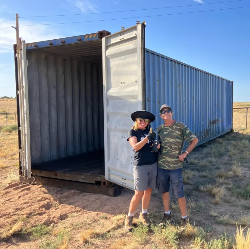 Blue shipping container delivered to residential property