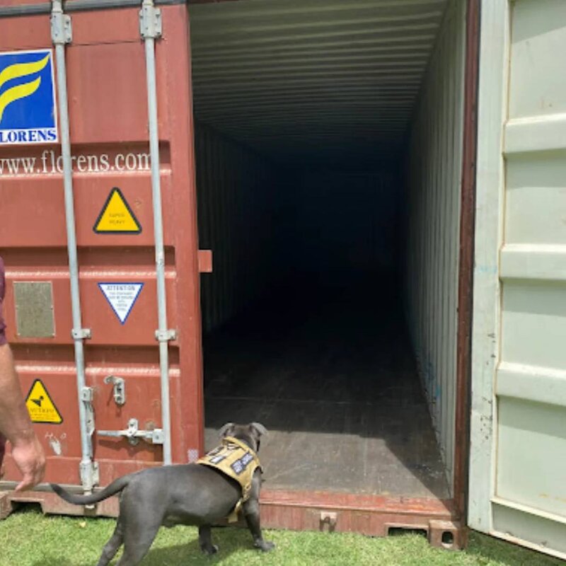 Red shipping container used for storage